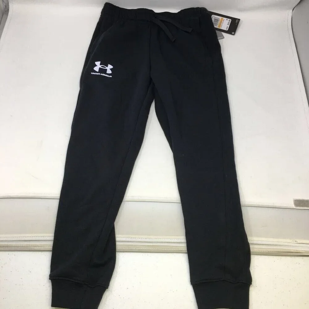 Under Armour Boys Rival Fleece Jogger Pants Black Drawstring Waist Pockets S New - Picture 1 of 7